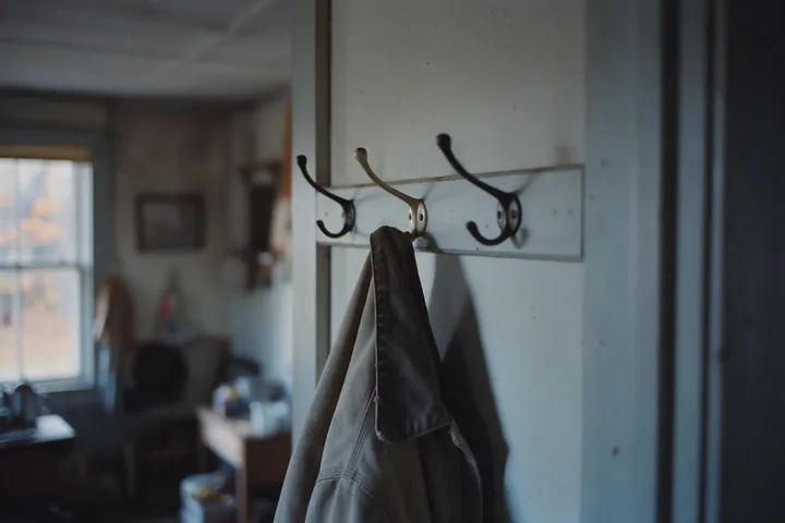 Three coat hooks by a front door, one holding a single jacket.