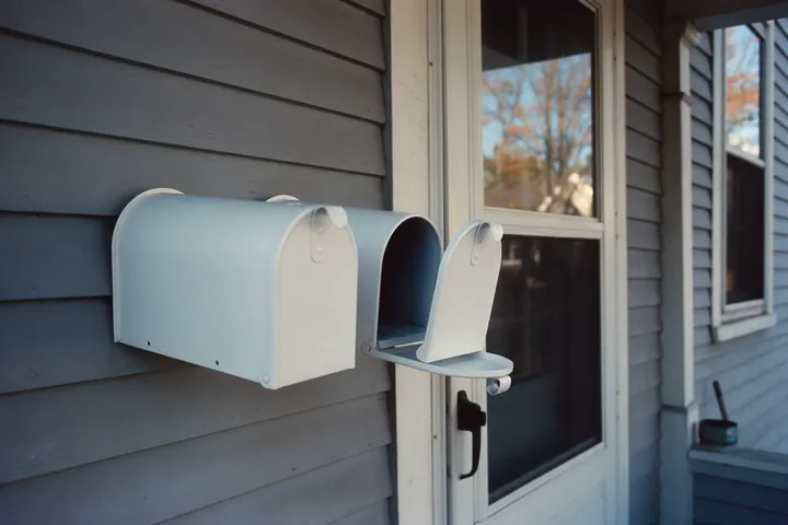 Two mailboxes side by side beside a shared porch door.