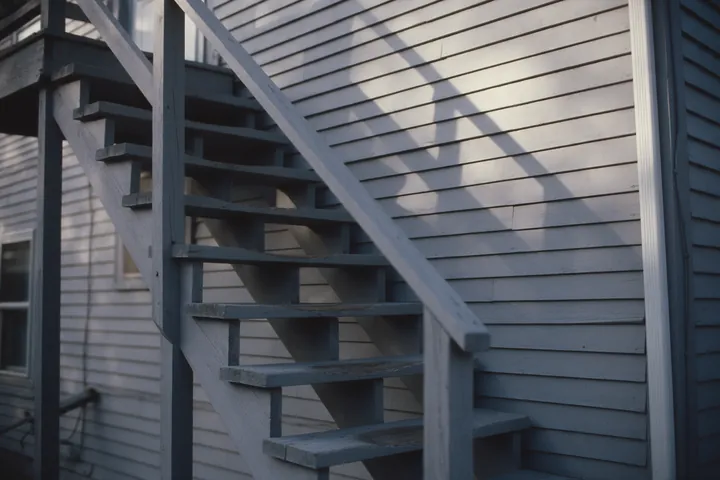 An exterior wooden staircase up the back of a three storey house.