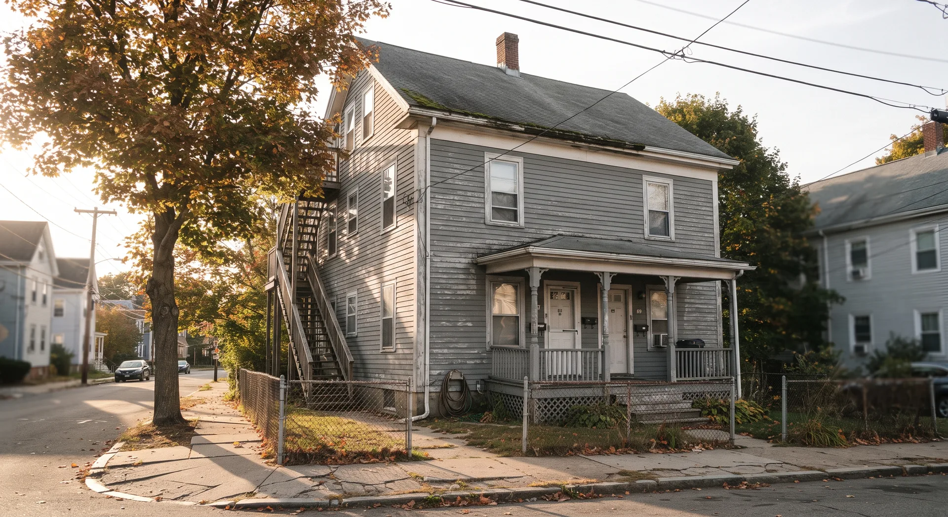 A grey two-family house on a Rhode Island corner lot in autumn.